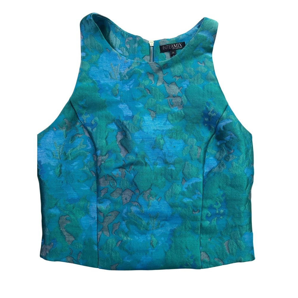 INTERMIX Teal Blue Floral‎ Jacquard Racerback Crop Top High Neck Size P